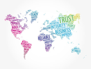 TRUST word cloud in shape of world map, business concept background