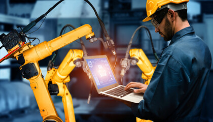 Smart industry robot arms for digital factory production technology showing automation...