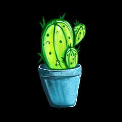 The isolated illustration of cute green cactus in pot. Can be as print, sticker, picture in interior, decor.