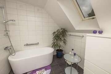 Beautiful view of interior of bathroom in the house. Roof window with flower, coffee table and carafe of water.