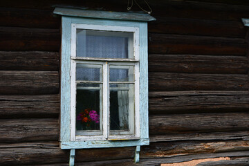 Obraz na płótnie Canvas House with house, flowers, window, backgrounds, postcards, glass, trees, village, nature, old,a window