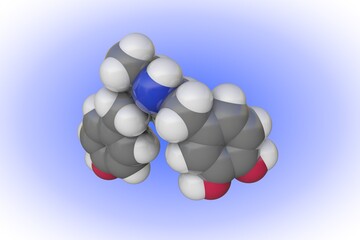 Molecular model of dobutamine. Atoms are represented as spheres with color coding: carbon (grey), oxygen (red), nitrogen (blue), hydrogen (white). Scientific background. 3d illustration