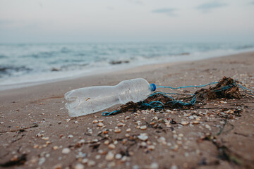 Fototapeta na wymiar Discarded plastic pet bottle lying on the shoreline causing environmental plastic pollution , Garbage on the beach