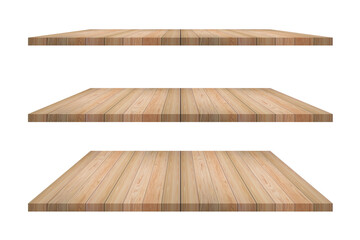 Set of brown wood shelves on isolated white background. Objects with clipping path for design work and decoration