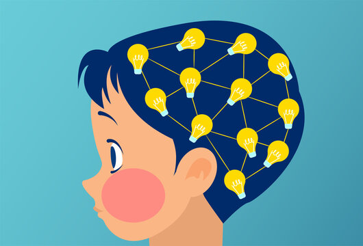 Vector of a little boy, child brain with light bulb connections