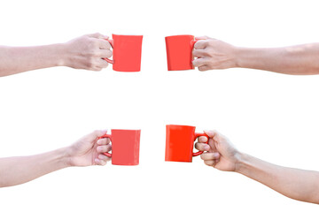 Obraz premium Set of hand holding red cup isolated on white background with clipping path.