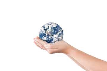 Environment day concept, Globe in hand isolated on white. Elements of this image furnished by NASA