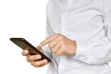 Close up of man using mobile smartphone isolated on white background. with clipping path.