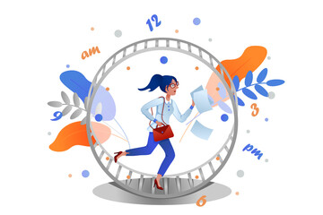 Business woman with paper and bag running in a hamster wheel as rat race. Concept of busy business people.