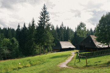 mountain landscape with wooden house