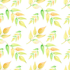 Cute seamless pattern with watercolor abstract autumn leaves in light green and brown colors.Natural elements on white background.Can be used for fabric,textile,wallpaper,wrapping paper,packeging
