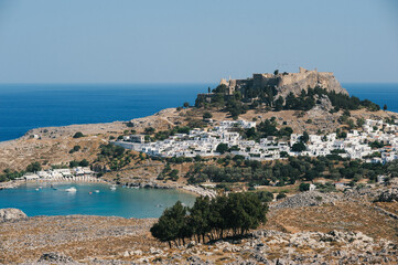 Fototapeta na wymiar view of the coast of the sea with an old greek city