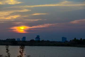 Fototapeta premium Silhouette of building in the city sunset or sunrise moment