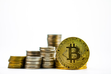 golden bitcoin with stack of coins background space as digital cryptocurrency investment market concept