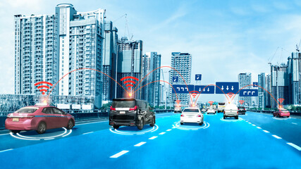 Autonomous car sensor system concept for safety of driverless mode car control . Future adaptive cruise control sensing nearby vehicle and pedestrian . Smart transportation technology .