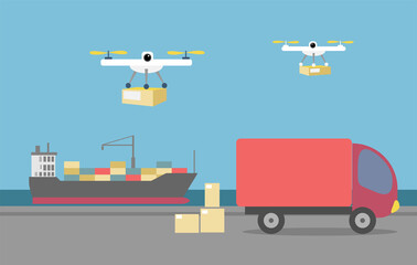Cargo handling concept. Sea freight ships for large containers, trucks for medium-sized goods, and drones for light packages.