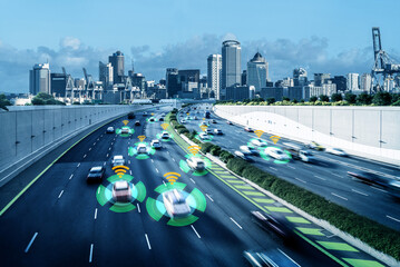 Autonomous car sensor system concept for safety of driverless mode car control . Future adaptive cruise control sensing nearby vehicle and pedestrian . Smart transportation technology .