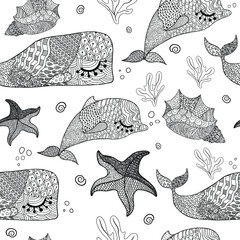 Whale, seashell vector seamless pattern illustration. Underwater ocean fish character coloring page. Ocean seamless texture pattern Adult coloring book doodle fish sea life line art style Doodle black