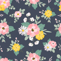 Summer cute hand drawn scandinavian style background seamless pattern with cottage garden flowers, roses, camomiles. Tender farmhouse summer pattern design for fabric, wallpaper, stationery
