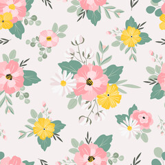 Summer cute hand drawn scandinavian style background seamless pattern with cottage garden flowers, roses, camomiles. Tender farmhouse summer pattern design for fabric, wallpaper, stationery