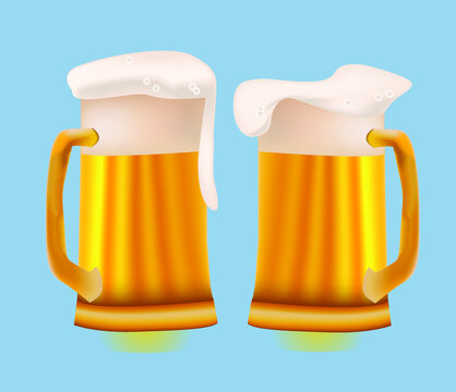 Two beer mugs with foam. A golden beer for celebration. Vector illustration.
