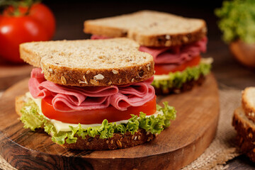 Whole grain bread sandwich with salami, tomato, cheese and fresh lettuce