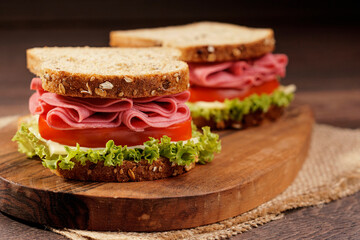 Whole grain bread sandwich with salami, tomato, cheese and fresh lettuce