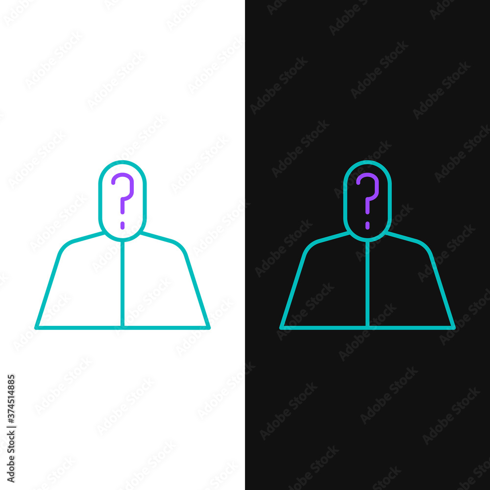 Poster line anonymous man with question mark icon isolated on white and black background. unknown user, inc