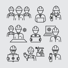 Civil Engineer Architect and Construction Workers Vector Flat Line Design Icons
