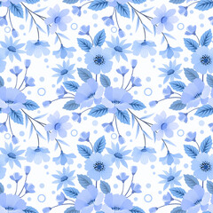 Seamless floral pattern on blue monochrome background fabric textile wallpaper.