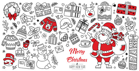 Set hand drawn Christmas elements doodles. Season greeting decor for your greeting card santa, gifts, reindeer, snowman. Linear graphic. Vector illustration