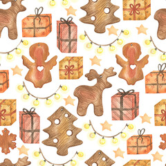 Pattern of gifts and wooden decorations