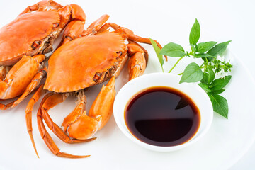 A dish of delicious steamed red sturgeon crab on white background