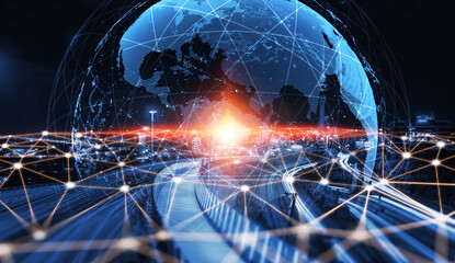 The modern creative communication and internet network connect in smart city . Concept of 5G wireless digital connection and internet of things future.