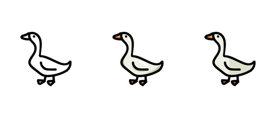 This is a set of icons with different style of goose. Outline and colored symbols of a goose. Freehand drawing. Stylish solution for a website.