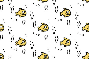 Naklejka na ściany i meble Sea life seamless pattern with cute doodle fishes. Hand drawn lines cartoon fish. Marine background. Vector illustration for your fabric, textile design, wrapping paper or wallpaper.
