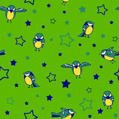 Seamless vector pattern with birds and stars on green background. Simple wallpaper design with sparrows. Animal fashion textile for children.