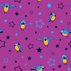 Seamless vector pattern with birds and stars on purple background. Cute sparrow wallpaper design for children. Animal fashion textile.