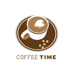 A Cup of coffee with a heart -shaped foam. Top view, illustration, coffee logo on a white background.