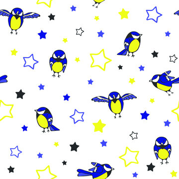 Seamless vector pattern with birds and stars on white background. Simple tomtit wallpaper design for children. Cartoon sparrow fashion textile.