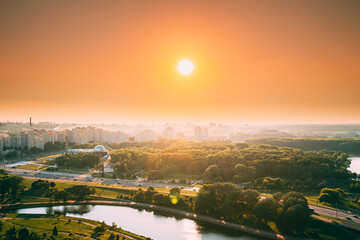 Minsk, Belarus. Top view, cityscape of Minsk, Belarus. Summer season, sunset. Nyamiha district. War Museum