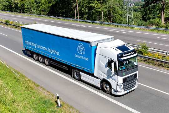 WIEHL, GERMANY - JUNE 26, 2020: Becker & Co. Volvo FH truck with ThyssenKrupp curtainside trailer on motorway.
