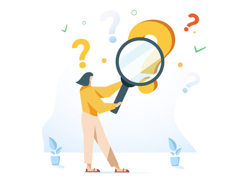 Woman holding magnifying glass and looking through it at interrogation points. Concept of frequently asked questions