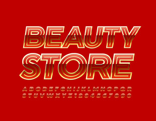 Fototapeta na wymiar Vector bright emblem Beauty Store. Red and Gold glossy Font. Chic elegant Alphabet Letters and Numbers set