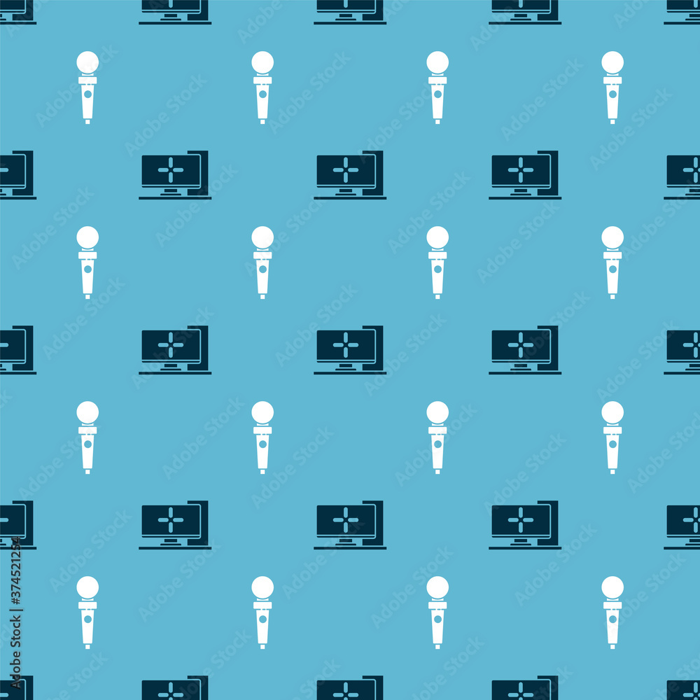 Fototapete set computer monitor and joystick for arcade machine on seamless pattern. vector.