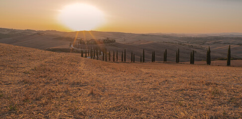 Panoramic view from Crete Senesi, a scenic tuscan zone in the Tuscany countryside with beautiful hill and nature