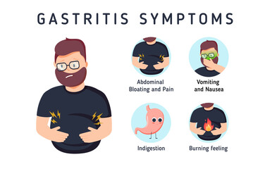 Gastritis symptoms infographic. Digestive system disease signs. Vomiting and abdominal pain, nausea and burning feeling.