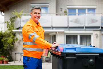 Garbage Bin Collection. Waste Collector With Rubbish