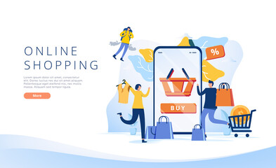 Shopping Online on Website or Mobile Application Vector Concept Marketing and Digital marketing, Long Background. Web UI