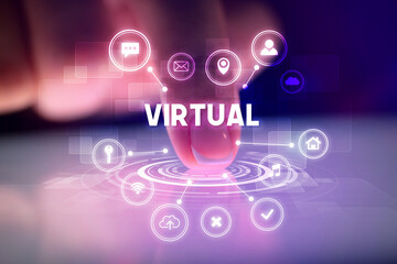 Finger touching tablet with web technology icons and VIRTUAL inscription, web technology concept